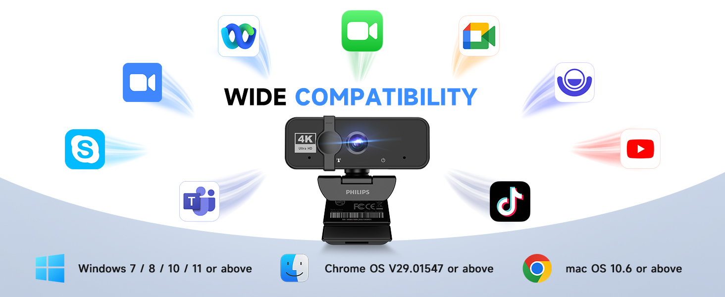 Philips SPL6418 4K Webcam for PC with Microphone, Computer Camera for Meetings with Privacy Cover, Plug & Play USB Web cam for Laptop, Desktop, Zoom, Teams, Skype, Video Conferencing, Streaming